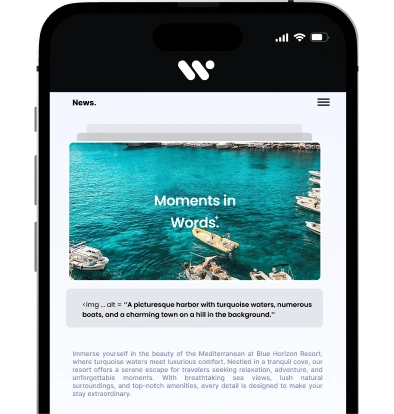 The image shows a smartphone displaying a news article titled Moments in Words with a picturesque harbor scene and text describing the beauty of the Mediterranean at Blue Horizon Resort.